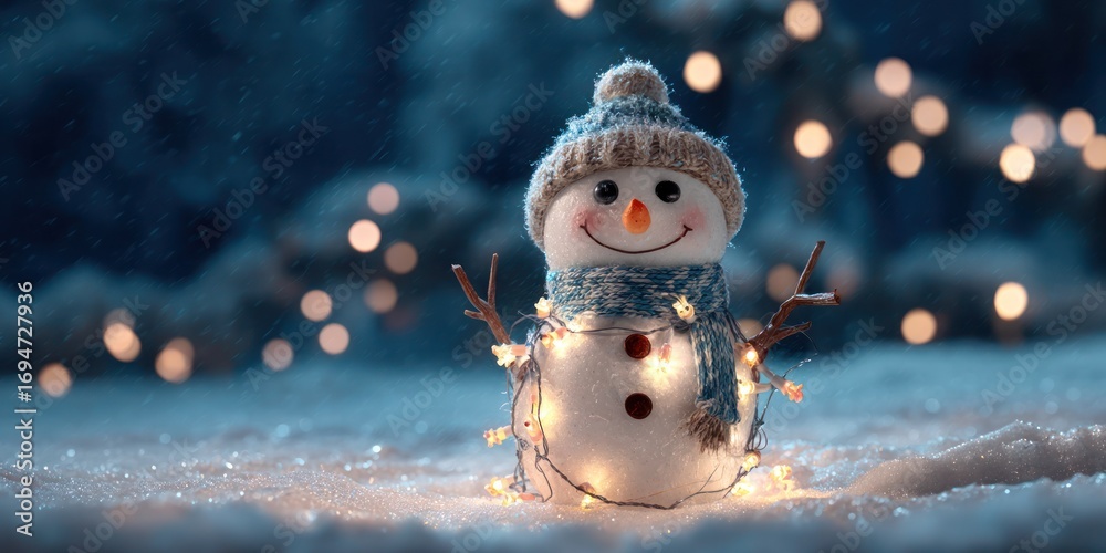 Obraz premium A cheerful snowman with a blue hat and scarf, surrounded by twinkling lights, standing in a snowy landscape with a blurred background of trees and lights.