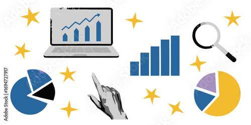 Business growth analysis and data visualization with charts and laptop on white background with stars