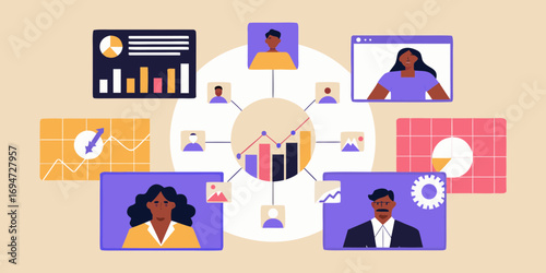 Diverse team collaborating remotely with data analytics and charts for business growth