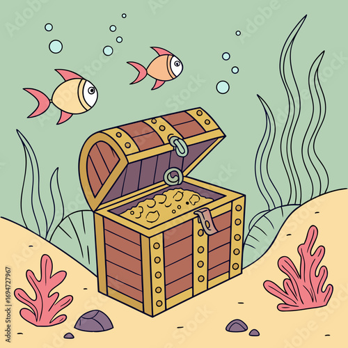 Vector art of treasure chest full of gold coins on the seabed with fish and seaweeds