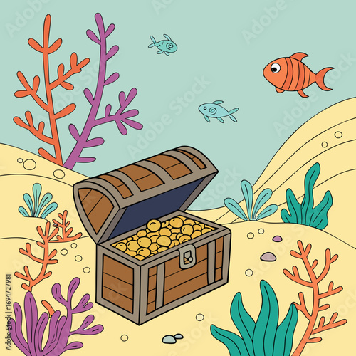 Vector art of treasure chest full of gold coins on the seabed with fish and corals