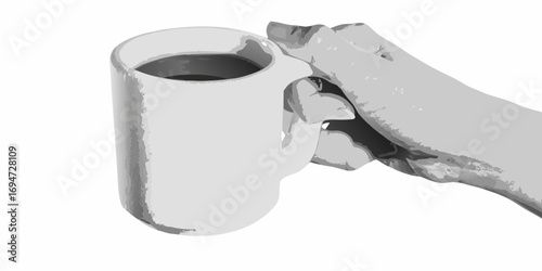 Close up of a hand holding a white mug filled with dark liquid on a white background