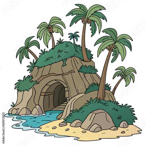 Vector art of tropical island with a cave and palm trees