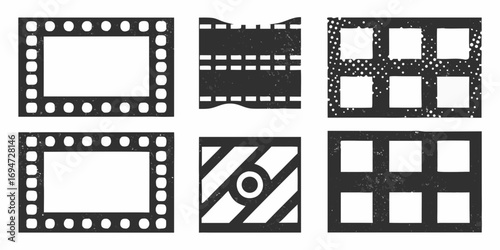 Collection of six vintage film strip frames and cinema elements with grunge texture