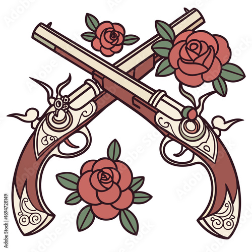 Vector art of two crossed antique pistols with roses illustration