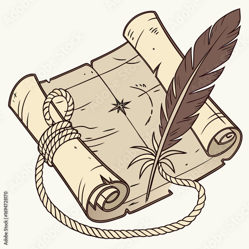 Vector art of treasure map with feather and rope illustration