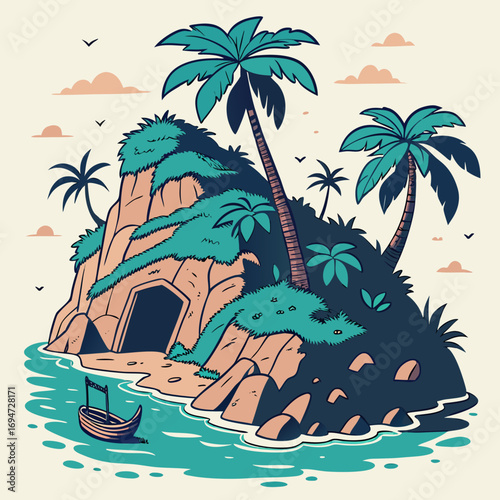 Vector art of tropical island with cave, palm trees, and boat on the water near shore