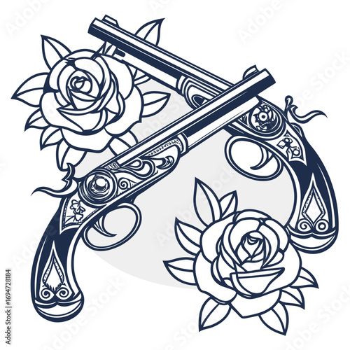 Vector art of two crossed dueling pistols with roses and petals