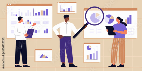 Diverse team of professionals analyzing charts and graphs on a presentation board during a business meeting