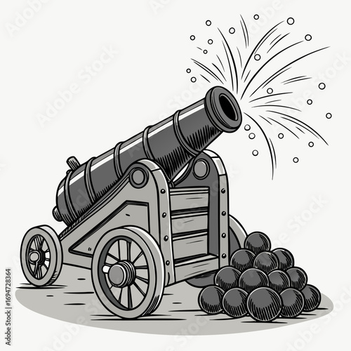Vector art of vintage cannon firing with cannonballs