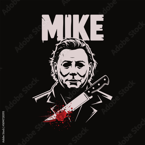 Creepy michael myers holding bloody knife horror movie icon portrait t-shirt design vector