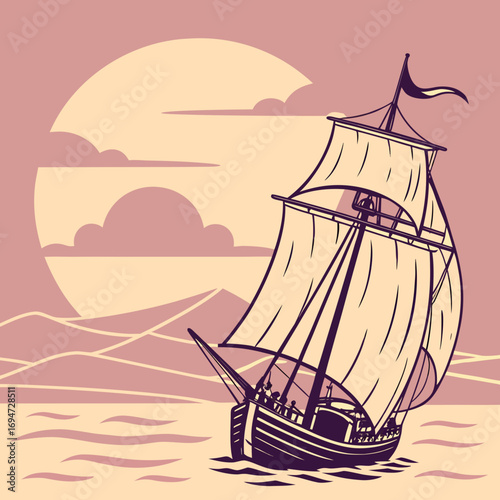 Vector art of vintage sailboat sailing on the ocean with sun