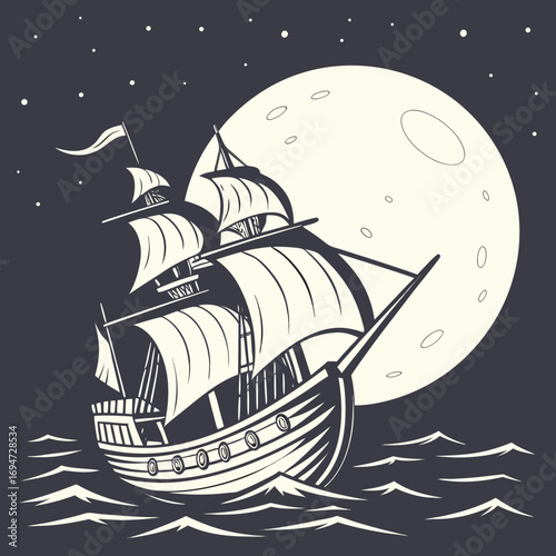 Vector art of vintage sailing ship sailing on the sea at night with full moon and stars