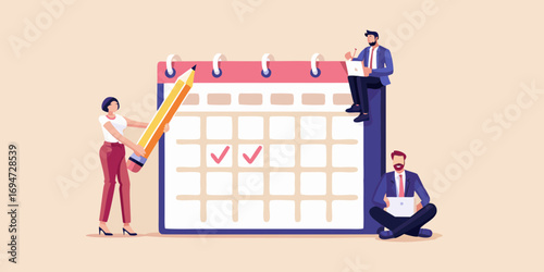 Business team planning and scheduling tasks on a large calendar with laptops and a giant pencil