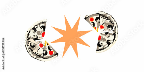 Exploding pizza slices with orange starburst on white background