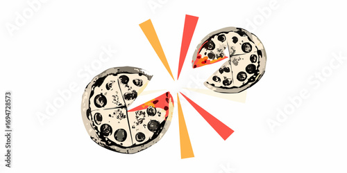 Two delicious pepperoni pizzas are sliced and exploding with flavor and color on a white background