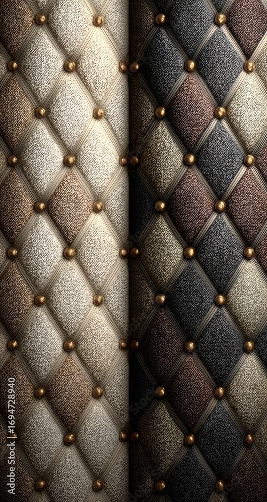 Obraz premium Two panels of quilted upholstery. Beige and brown diamond patterns, accented by gold studs