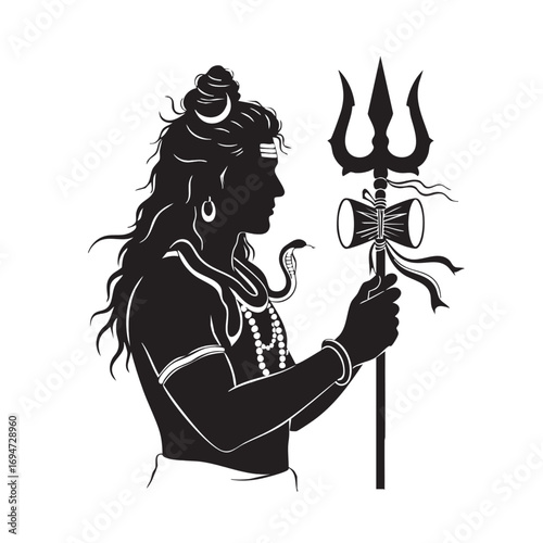 Minimalist Vector Illustration of Lord Shiva Silhouette with Trident in Black and White Style