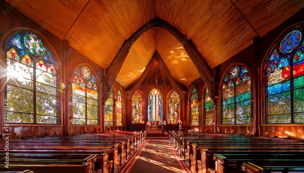 Obraz premium stained glass windows fill the church with warm sunlight during morning service