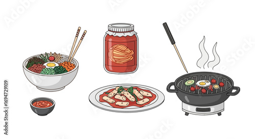 Delicious korean cuisine illustration featuring bibimbap, kimchi, tteokbokki, and korean bbq. Ideal for showcasing korean food culture, cooking recipes, or restaurant menus.