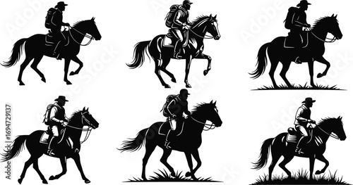 Horse Rider Silhouettes in Six Outdoor Poses Featuring Backpacks, Hats, and Motion for Adventure, Travel, and Design Content