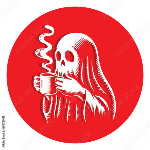 Spooky skeleton grim reaper enjoying coffee mug steam art graphic design vector