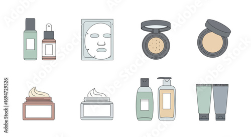 Minimalist skincare product icons showcasing beauty essentials for online shops and cosmetic brands, to enhance website design, marketing materials, and beauty blog content.