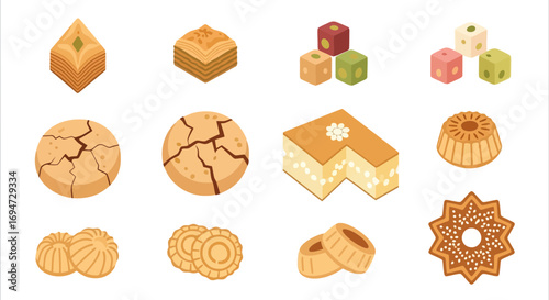 Collection of Middle Eastern and Arabic Sweets and Pastries, Perfect for Cultural Events, Ramadan Celebrations, or Promoting Middle Eastern Cuisine