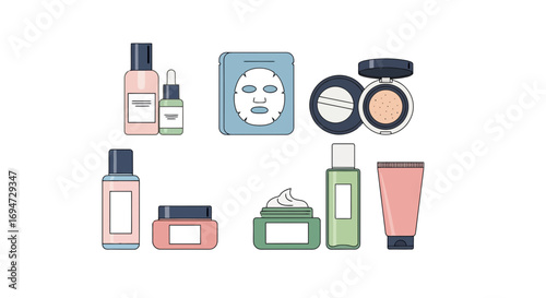 Minimalist cosmetic product illustrations featuring skincare essentials and makeup items for beauty blogs, product demonstrations, and cosmetic advertising campaigns.