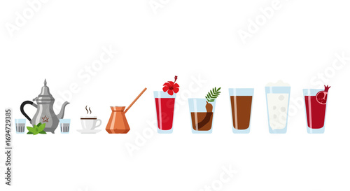 Diverse collection of beverage illustrations including tea, coffee, and cocktails. Suitable for menu design, bar promotions, and recipe blogs.