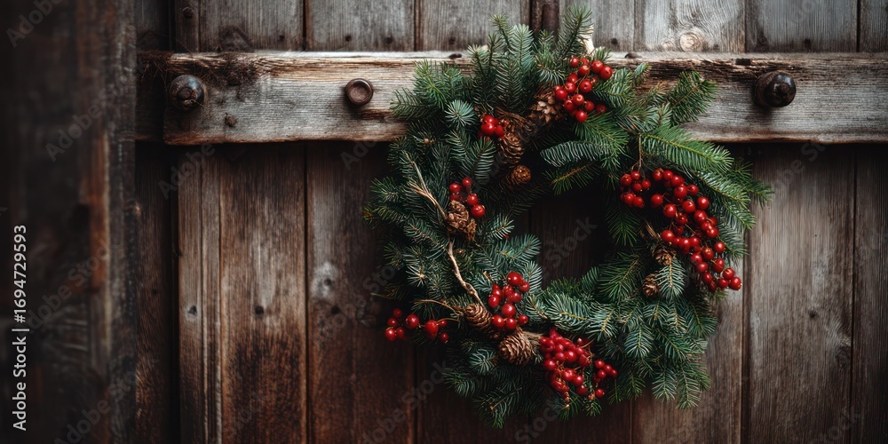 Fototapeta premium A rustic wooden door adorned with a green Christmas wreath featuring red berries and pine cones, hanging 