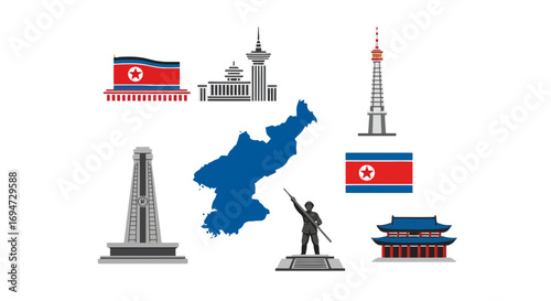 Collection of North Korean Landmarks and Symbols Representing Travel Destinations and Cultural Heritage for Tourism and Educational Resources