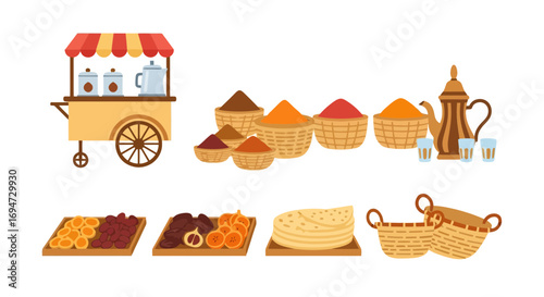 Vibrant middle eastern spice and food market stall illustration for cookbooks, travel guides, and cultural event promotions showcasing cuisine