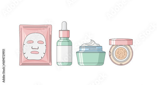Illustrated skincare product collection featuring sheet mask, serum bottle, moisturizer, and cushion foundation for beauty and wellness projects
