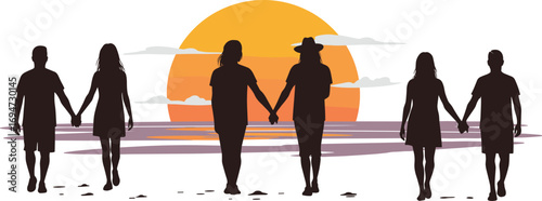 Silhouette couples holding hands, walking together on beach, romantic sunset, love, friendship, togetherness, peaceful evening illustration