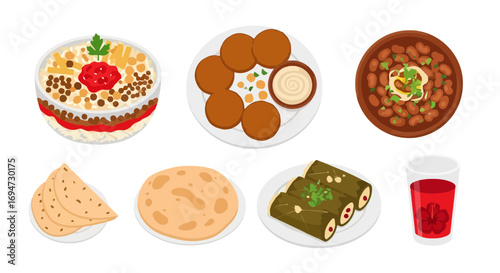Middle Eastern Cuisine Illustration Featuring Various Dishes, Perfect for Restaurant Menus, Cookbooks, and Food-Related Design Projects