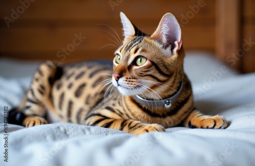 Wallpaper Mural A Bengal cat relaxing on a soft bed with a focused expression and striking fur pattern Torontodigital.ca