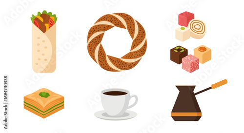 Traditional Turkish Cuisine Illustration Featuring Simit, Doner, Baklava, Turkish Delight, and Coffee. Ideal for Culinary Blogs, Travel Guides, and Restaurant Menus