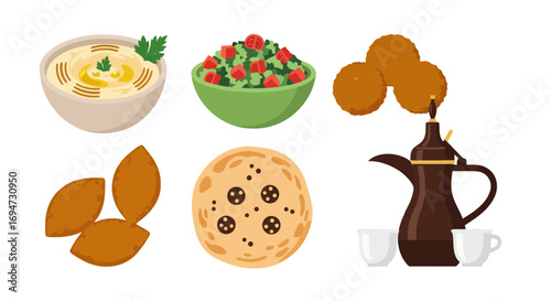 Traditional middle eastern cuisine vector illustration featuring hummus, salad, falafel, pita bread, and arabic coffee. Suitable for restaurant menus and cultural food presentations.