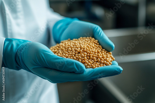 Person in blue gloves holds a handful of yellow soybeans. Agricultural research, food production quality, and seed inspection in a lab.