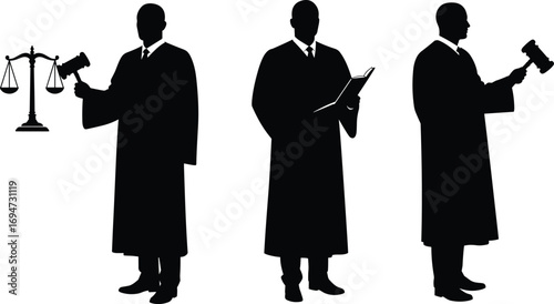 Judge Silhouettes Holding Gavels, Scales, and Documents in Three Authoritative Poses for Law, Justice, and Educational Design Content