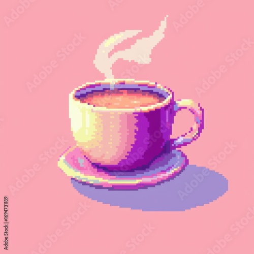 Coffee cup on pink background with pixel art steam retro video game design