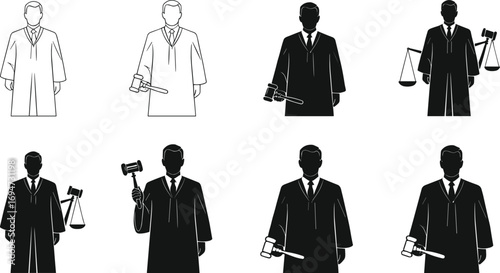 Judge Silhouettes Holding Gavels and Scales of Justice in Nine Authoritative Poses for Law, Education, and Design Content