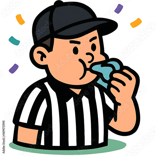 A decisive call from a cartoon sports referee blowing a whistle, isolated vector illustration of an official in uniform