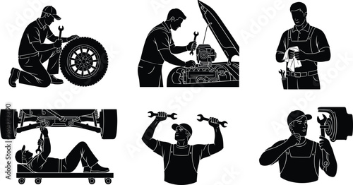 Mechanic Silhouettes in Six Garage Poses Featuring Tire, Engine, Undercarriage, and Equipment Work for Automotive Design Content