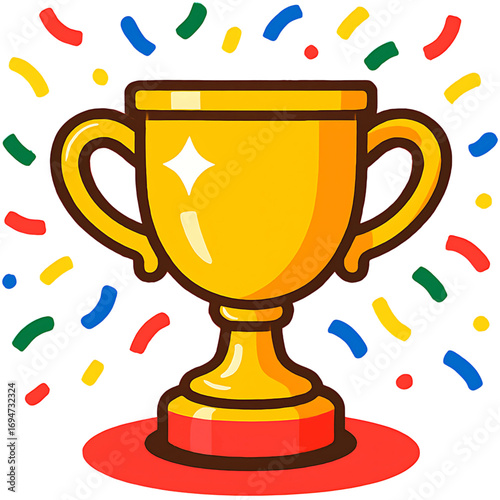 Celebrating a momentous win with a sparkling golden trophy. A flat vector illustration of a first-place award with festive confetti symbolizing achievement and success