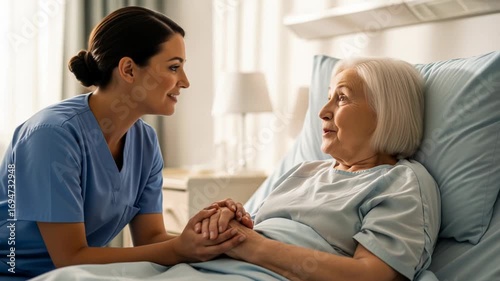 Nurse Comforting Elderly Patient in Hospital Room