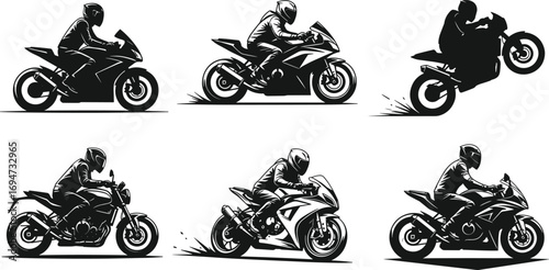 Motorcyclist Silhouettes in Six Dynamic Poses Featuring Sport, Street, and Stunt Riding Styles for Motorsport and Design Content