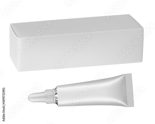 Set of white metal tube and box. Realistic mockup. Ointment or salve. Korean packaging. Blank cardboard package	
