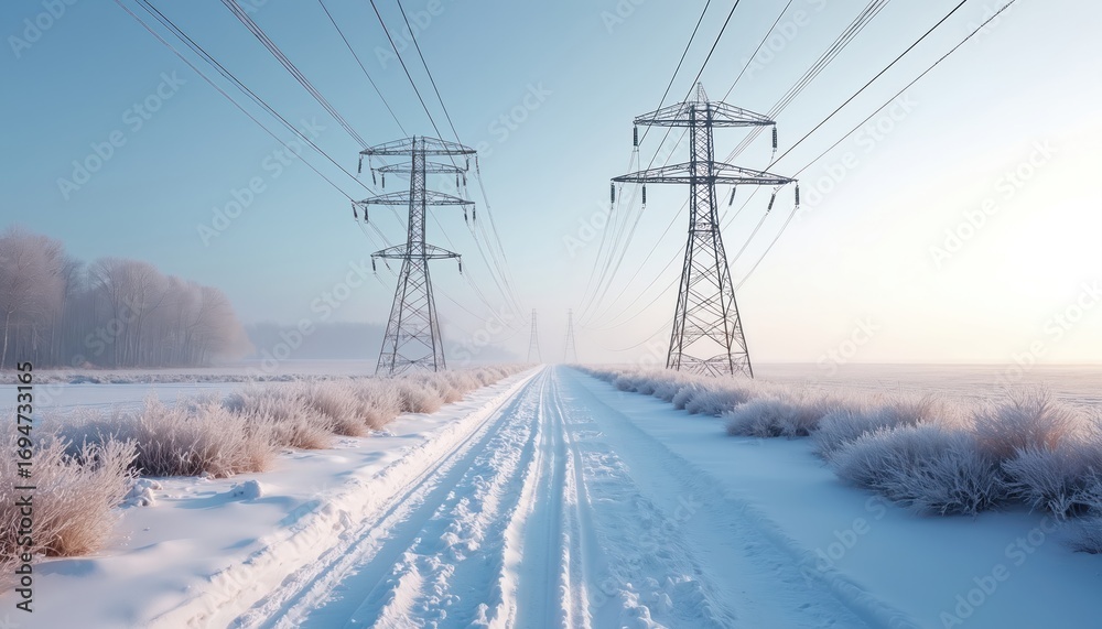 © Viktor - Power lines stretch across snowy fields under clear sky. Transmission towers stand tall along frosted path. Rural landscape conveys energy infrastructure, calm winter scene. Electricity grid visible. © Viktor - Power lines stretch across snowy fields under clear sky. Transmission towers stand tall along frosted path. Rural landscape conveys energy infrastructure, calm winter scene. Electricity grid visible.